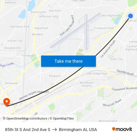 85th St S And 2nd Ave S to Birmingham AL USA map