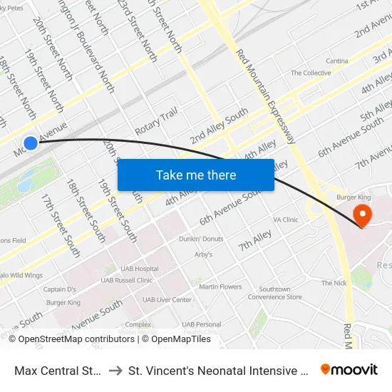 Max Central Station to St. Vincent's Neonatal Intensive Care Unit map