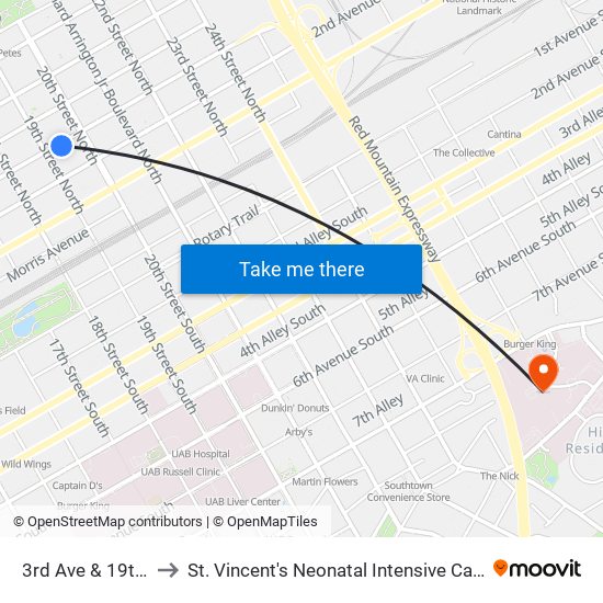 3rd Ave & 19th St to St. Vincent's Neonatal Intensive Care Unit map