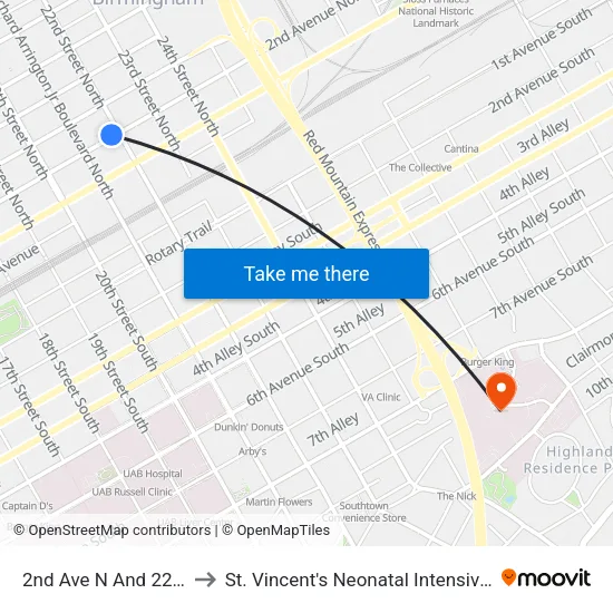 2nd Ave N And 22nd St N to St. Vincent's Neonatal Intensive Care Unit map