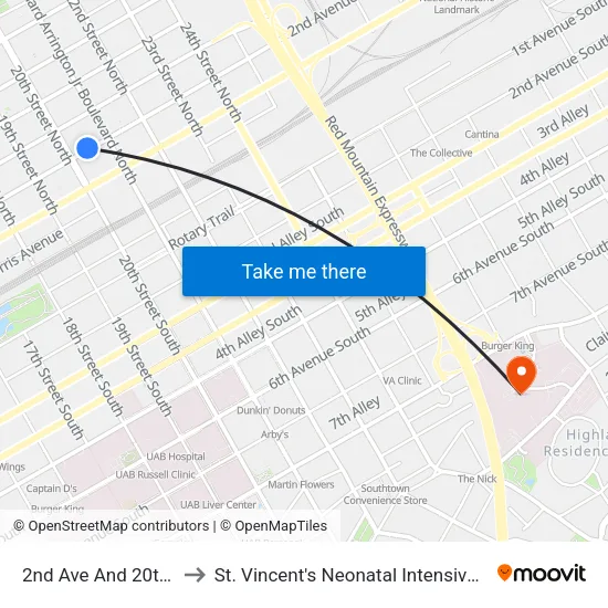 2nd Ave And 20th St N. to St. Vincent's Neonatal Intensive Care Unit map