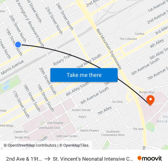2nd Ave & 19th St to St. Vincent's Neonatal Intensive Care Unit map