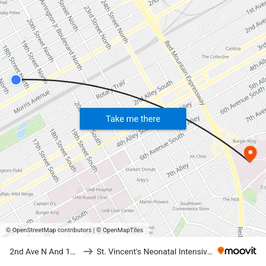 2nd Ave N And 18th St N to St. Vincent's Neonatal Intensive Care Unit map