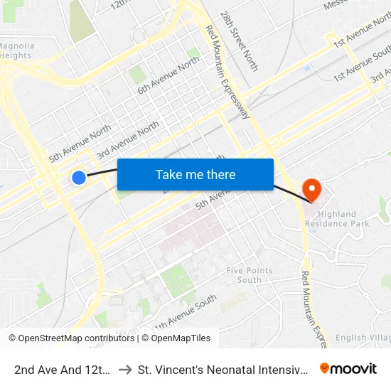 2nd Ave And 12th St N. to St. Vincent's Neonatal Intensive Care Unit map