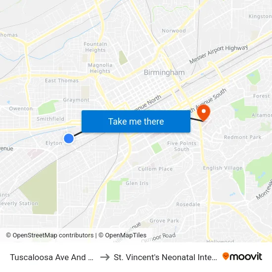 Tuscaloosa Ave And Center Street to St. Vincent's Neonatal Intensive Care Unit map