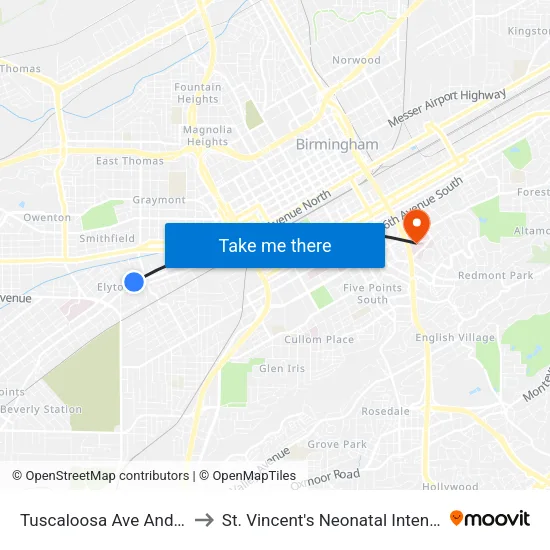 Tuscaloosa Ave And 2nd St SW to St. Vincent's Neonatal Intensive Care Unit map