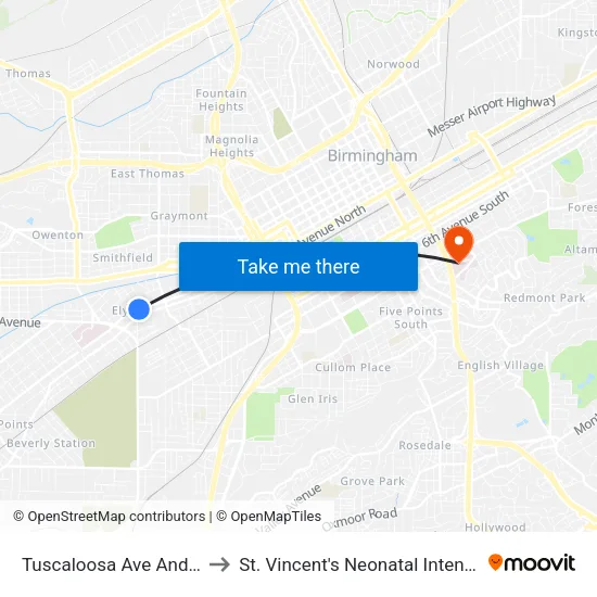 Tuscaloosa Ave And 4th St SW to St. Vincent's Neonatal Intensive Care Unit map