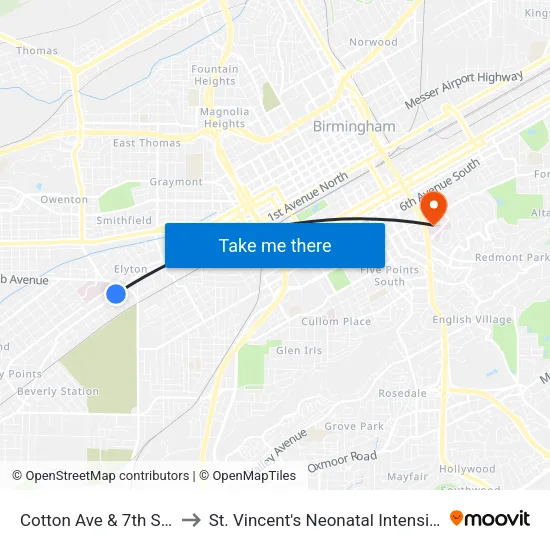 Cotton Ave & 7th Street SW to St. Vincent's Neonatal Intensive Care Unit map