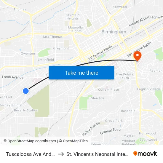 Tuscaloosa Ave And 13th St SW to St. Vincent's Neonatal Intensive Care Unit map
