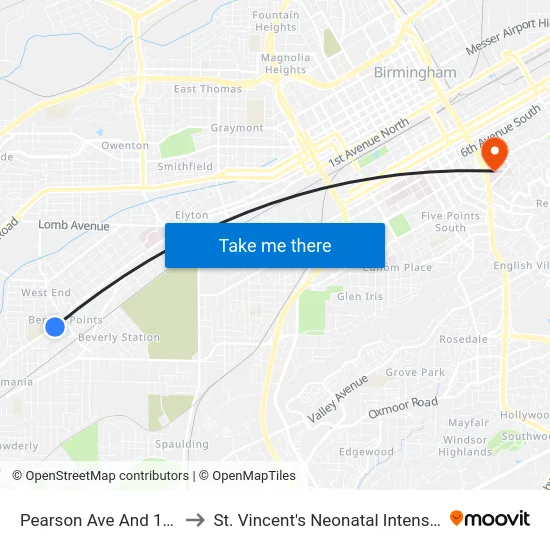 Pearson Ave And 17th Pl SW to St. Vincent's Neonatal Intensive Care Unit map