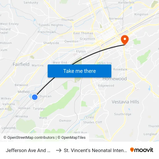 Jefferson Ave And Hickory Ave to St. Vincent's Neonatal Intensive Care Unit map