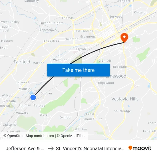 Jefferson Ave & 40th St to St. Vincent's Neonatal Intensive Care Unit map