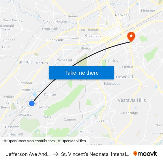 Jefferson Ave And 46th St to St. Vincent's Neonatal Intensive Care Unit map