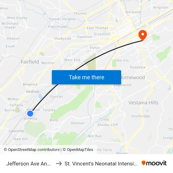 Jefferson Ave And 54th St to St. Vincent's Neonatal Intensive Care Unit map