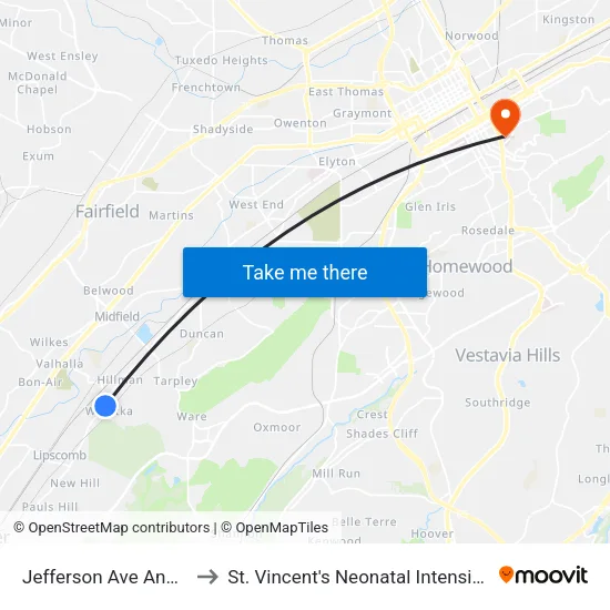 Jefferson Ave And 55th St to St. Vincent's Neonatal Intensive Care Unit map