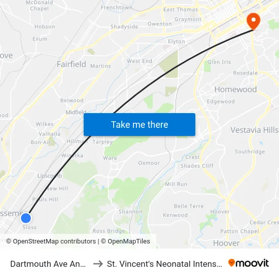 Dartmouth Ave And 22nd St to St. Vincent's Neonatal Intensive Care Unit map