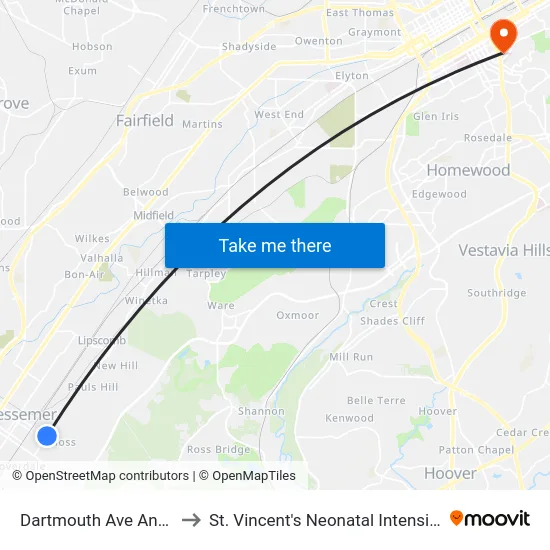 Dartmouth Ave And 19th St to St. Vincent's Neonatal Intensive Care Unit map