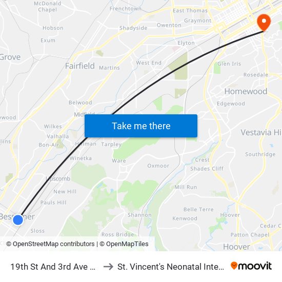 19th St And 3rd Ave N. Bessemer to St. Vincent's Neonatal Intensive Care Unit map