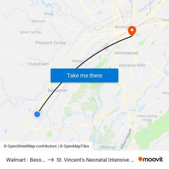 Walmart - Bessemer to St. Vincent's Neonatal Intensive Care Unit map