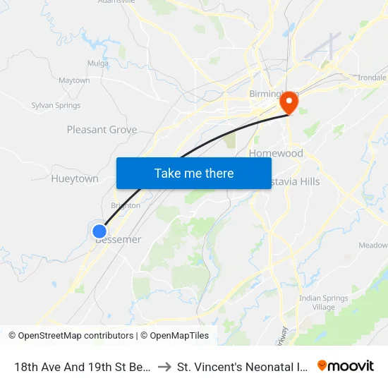 18th Ave And 19th St Bessemer Pipe Shop to St. Vincent's Neonatal Intensive Care Unit map