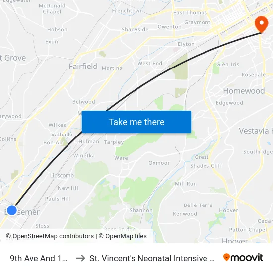 9th Ave And 18th St to St. Vincent's Neonatal Intensive Care Unit map