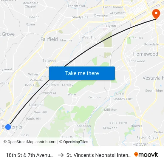 18th St & 7th Avenue Bessemer to St. Vincent's Neonatal Intensive Care Unit map