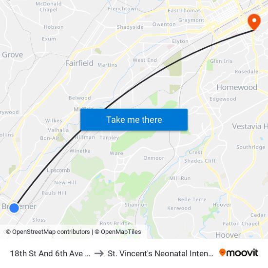 18th St And 6th Ave Bessemer to St. Vincent's Neonatal Intensive Care Unit map