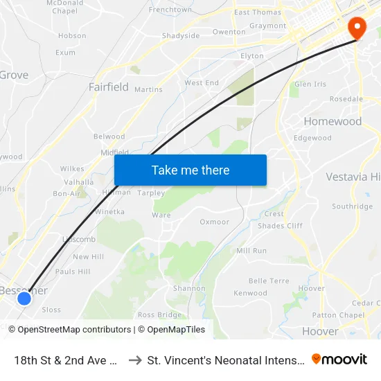 18th St & 2nd Ave Bessemer to St. Vincent's Neonatal Intensive Care Unit map