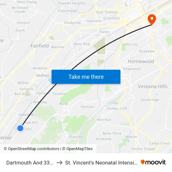 Dartmouth And 33rd St (Ib) to St. Vincent's Neonatal Intensive Care Unit map