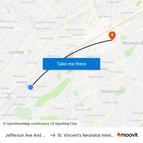 Jefferson Ave And Hickory Ave to St. Vincent's Neonatal Intensive Care Unit map