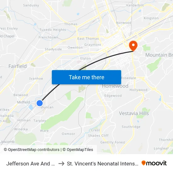 Jefferson Ave And Birch Ave to St. Vincent's Neonatal Intensive Care Unit map