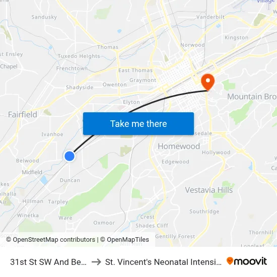 31st St SW And Beulah Ave to St. Vincent's Neonatal Intensive Care Unit map