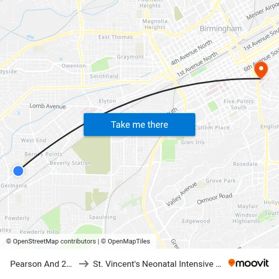 Pearson And 21st St to St. Vincent's Neonatal Intensive Care Unit map