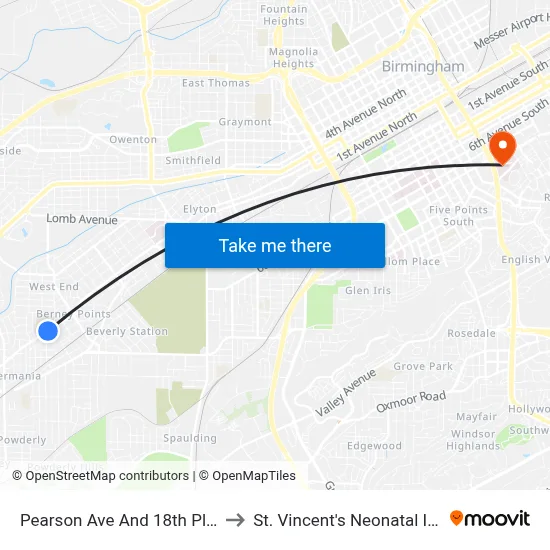 Pearson Ave And 18th Pl Sw. (Westend Aca to St. Vincent's Neonatal Intensive Care Unit map