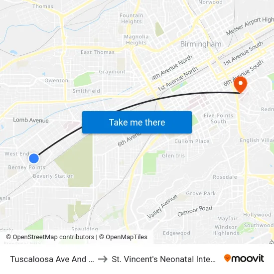 Tuscaloosa Ave And 16th Pl Sw. to St. Vincent's Neonatal Intensive Care Unit map