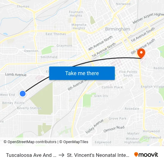 Tuscaloosa Ave And 15th St Sw. to St. Vincent's Neonatal Intensive Care Unit map