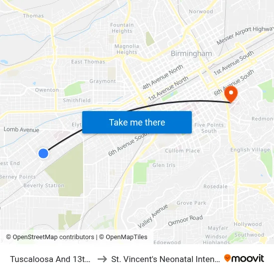 Tuscaloosa And 13th St SW (Ib) to St. Vincent's Neonatal Intensive Care Unit map