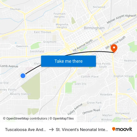 Tuscaloosa Ave And 12th St SW to St. Vincent's Neonatal Intensive Care Unit map