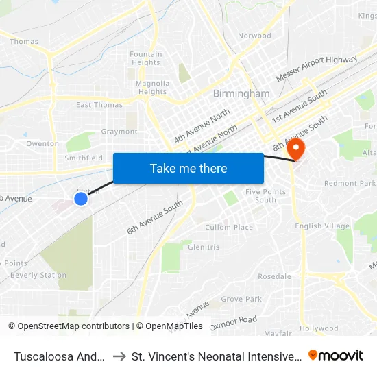 Tuscaloosa And 6th St to St. Vincent's Neonatal Intensive Care Unit map