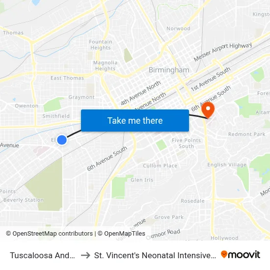 Tuscaloosa And 4th St to St. Vincent's Neonatal Intensive Care Unit map