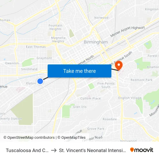 Tuscaloosa And Center St to St. Vincent's Neonatal Intensive Care Unit map