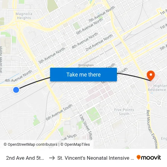 2nd Ave And 5th St N. to St. Vincent's Neonatal Intensive Care Unit map