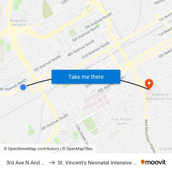 3rd Ave N And 8th St to St. Vincent's Neonatal Intensive Care Unit map