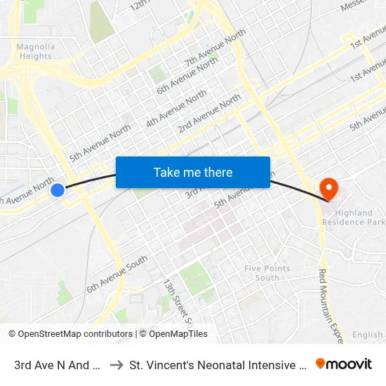 3rd Ave N And 9th St to St. Vincent's Neonatal Intensive Care Unit map