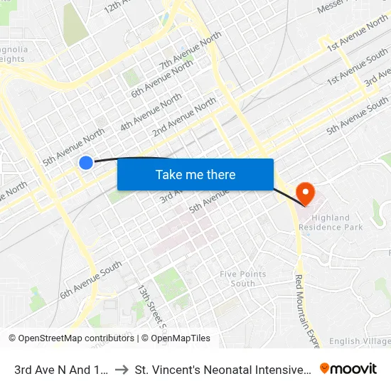 3rd Ave N And 14th St to St. Vincent's Neonatal Intensive Care Unit map