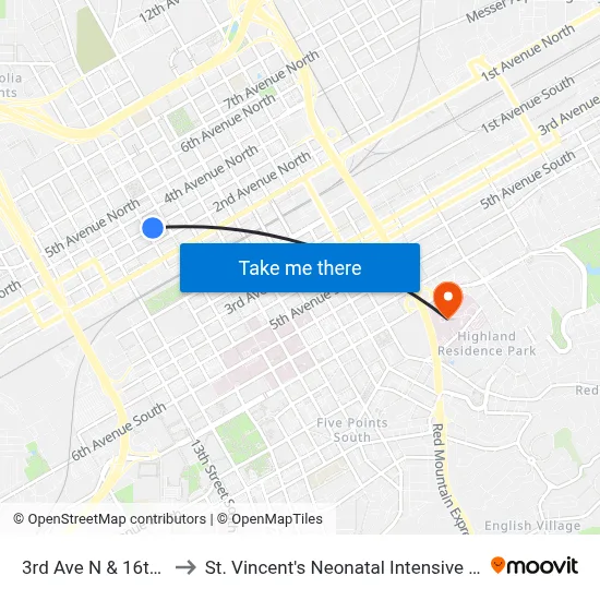 3rd Ave N & 16th St N to St. Vincent's Neonatal Intensive Care Unit map