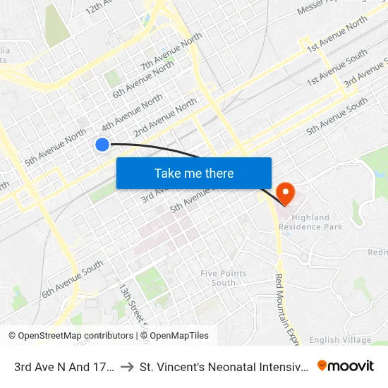 3rd Ave N And 17th St N to St. Vincent's Neonatal Intensive Care Unit map