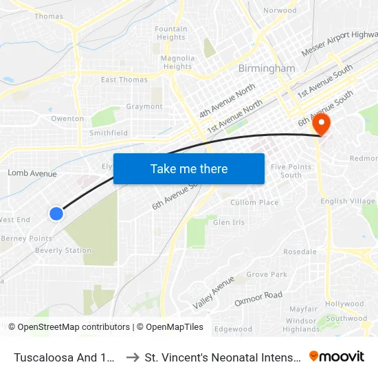 Tuscaloosa And 14th St SW to St. Vincent's Neonatal Intensive Care Unit map
