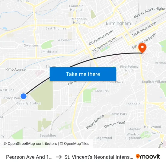 Pearson Ave And 15th Pl SW to St. Vincent's Neonatal Intensive Care Unit map