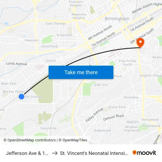 Jefferson Ave & 16th Way to St. Vincent's Neonatal Intensive Care Unit map